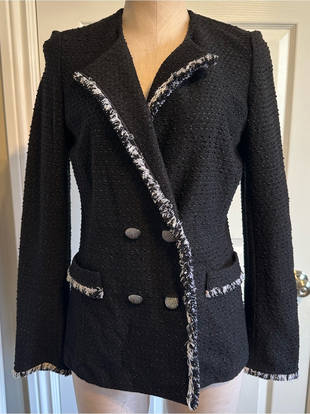 St. John black Blazer with White Fringe Trim